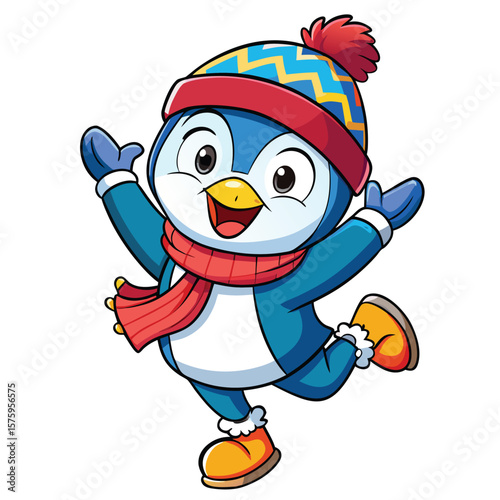 Cartoon penguin in winter clothes, happy and jumping