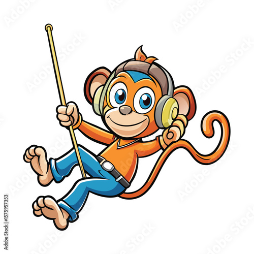 Cartoon monkey with headphones, swinging from a rope