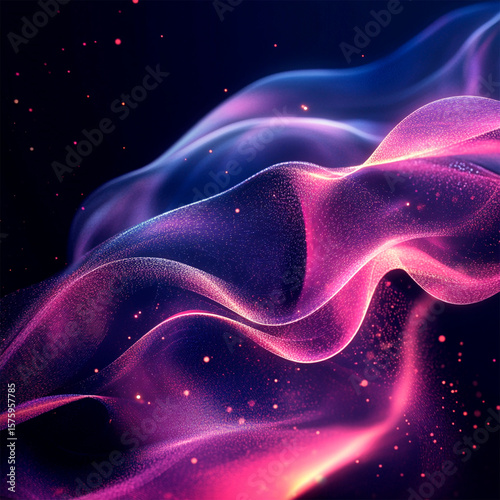 Immersive, flowing abstract landscape made of luminous threads and floating dust-like elements. Suitable for high-tech and fantasy concepts.