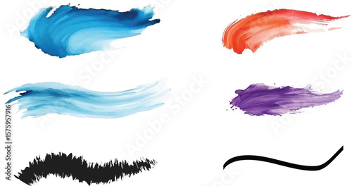Abstract Watercolor Brush Strokes, Colorful Paint Swirls, Design Elements for Artists and Designers