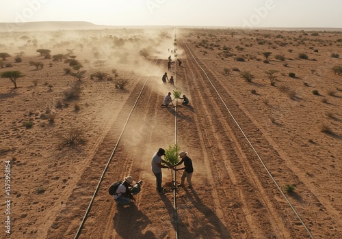 Desert reforestation project shows people planting trees along a line in the arid landscape, symbolizing environmental conservation.