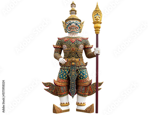  Traditional Thai Giant Guardian Statue with Gold Ornamentation, PNG Transparent Background PNG