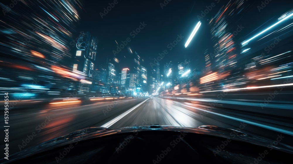 Fototapeta premium Night city driving fast speed blurry lights