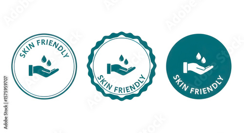 Skin Friendly Icon Set - Hand with Water Drops | Dermatologically Tested Seal for Cosmetics, Skincare, and Beauty Products
