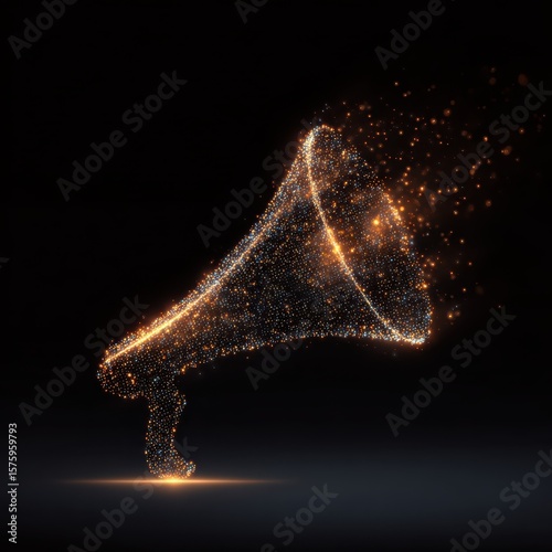 Glowing megaphone, constructed of sparkling particles, on a dark gradient backdrop