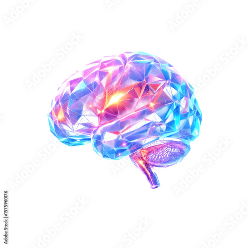 A vibrant, multifaceted geometric brain illustration symbolizing intelligence and abstract thought, isolated on a transparent background
