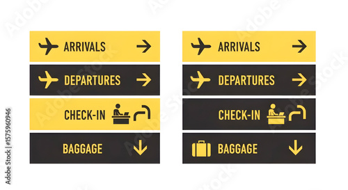 Airport Direction Signs with Arrivals, Departures, Check-In, and Baggage | Black and Yellow Guidance Signage for Travelers and Airport Navigation