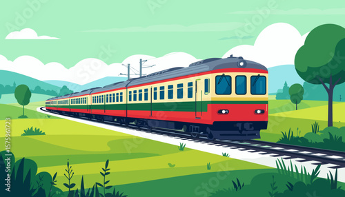 Train moving through countryside in flat vector with soft green tones
