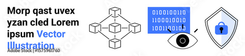 Blockchain network diagram, binary data visualization, shield with lock, and eye symbolizing cybersecurity, privacy, and blockchain. Ideal for technology, data protection, digital networks privacy