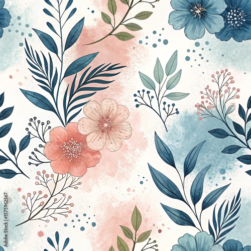 Romantic Watercolor Floral and Leaf Pattern