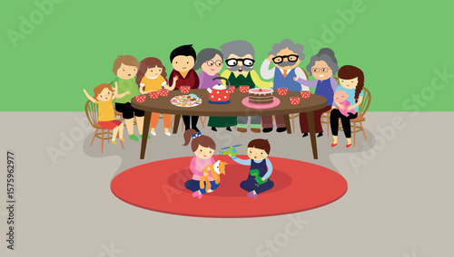 grandparents and grandchildren sit at the table and eat cake. vector illustration