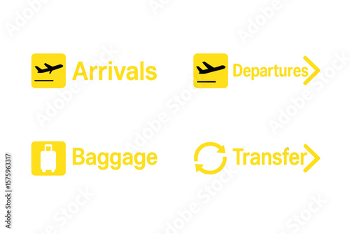 Airport signs vector icon set. Arrivals, departures, baggage claim, transfer information symbols. Flight navigation signage for terminal direction. Travel and tourism concept.