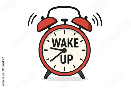 Wake up concept with red alarm clock ringing. Morning time signal for deadline. Loud vintage alert. Retro classic icon. Schedule and routine metaphor. Vector illustration isolated.