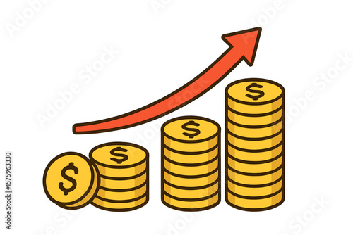 Financial growth concept. Increasing stacks of coins with dollar sign. Red arrow pointing up. Business success and profit. Investment revenue and savings. Economic boost. Wealth.