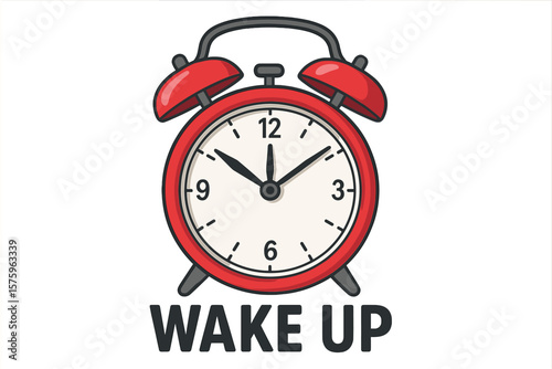 Red alarm clock with wake up text. Classic retro morning alert symbol. Time management, deadline, and schedule concept. Vector illustration icon for daily routine and reminder.