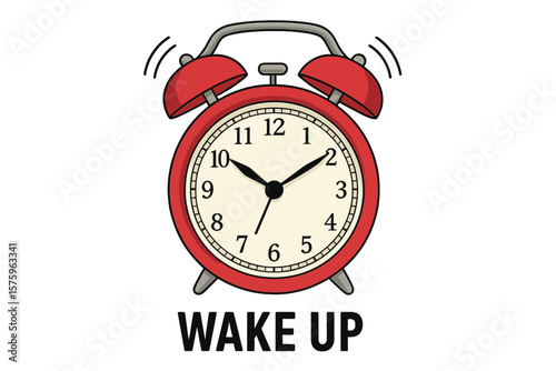 Wake up concept with ringing red retro alarm clock. Morning alert signal. Time management and deadline symbol. Classic vintage watch vector illustration for daily routine design.