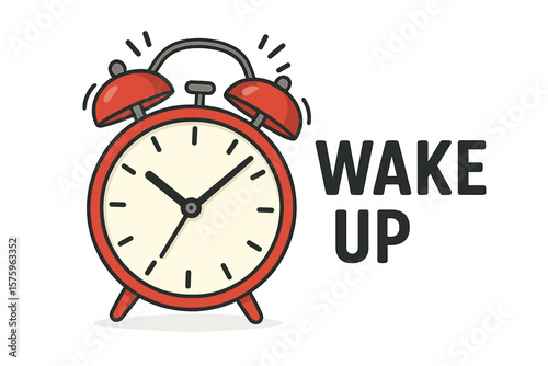 Ringing red alarm clock with wake up text. Morning alert signal. Time management and deadline concept. Retro vintage watch icon. Classic twin bell timer for waking up. Vector.