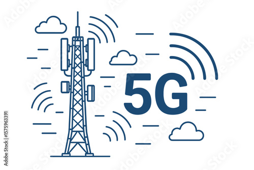 5G network technology vector concept. Telecommunication tower with antenna transmitting signal waves. Wireless mobile data connection. Future high-speed internet infrastructure.