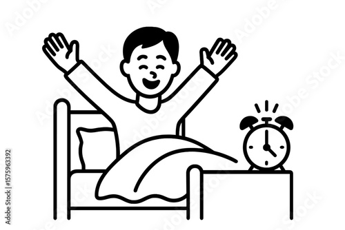 Happy Man Waking Up in Bed with Alarm Clock Ringing, Morning Routine, Wake Up Early, Stretching, Smiling, Bedroom, Vector Line Art Illustration