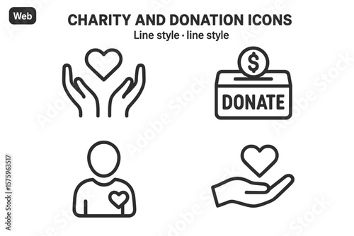 Charity and donation icon set in thin line style. Volunteering, giving, and support symbols for web and mobile app design. Concepts of help, care, solidarity, and love.