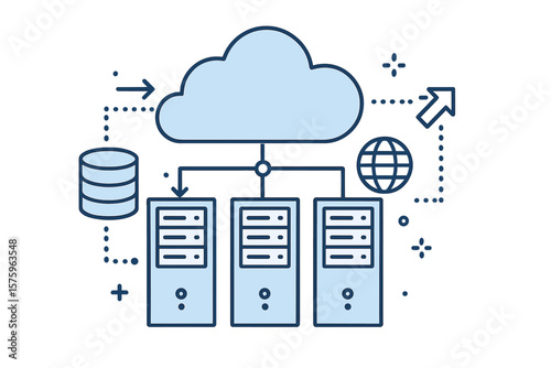 Cloud data storage and online computing concept. Network technology with server rack cabinets and database for information transfer and hosting. Big data processing vector.