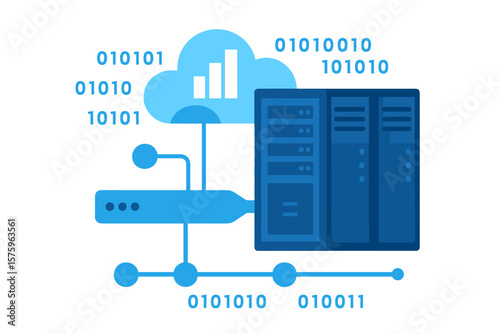 Cloud data storage and network technology concept. Online cloud computing with server cabinets. Memory, hosting, and information transfer with binary code. Vector illustration.