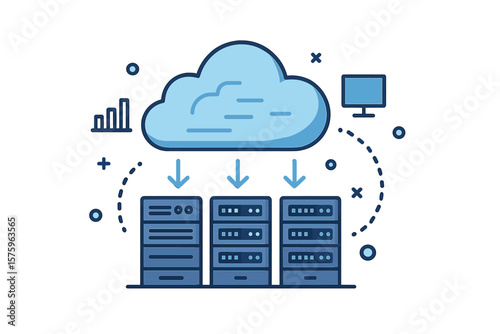 Cloud data storage and online computing technology. Server rack, database, and network hosting infrastructure. Information and big data transfer, backup and processing concept.