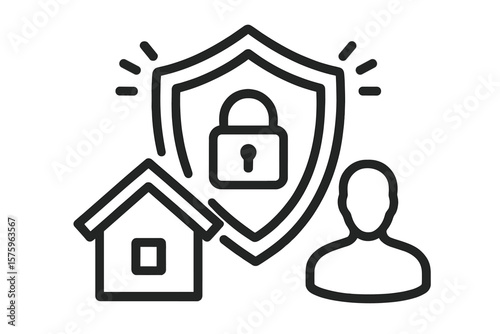 Home insurance concept. Property and life protection. Personal safety and security. Family care symbol. House, person and shield with lock icon. Guard and defense idea.