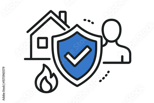 Home, life, and fire insurance concept. Property protection and security from damage. Family safety metaphor. Risk management, guarantee. House, person, shield, flame icon.
