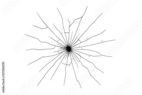Cracked glass on transparent background. Realistic shattered window effect. Bullet hole impact, broken surface texture. Destruction, damage, and fracture vector illustration.