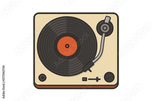 Retro turntable with vinyl record. Vintage music player icon. Analog audio equipment for DJ or music lover. Flat design vector illustration. Old school sound technology concept.