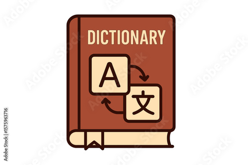 Dictionary icon for language translation. Vocabulary learning and education concept. Translate from English to Asian languages. Reading, e-book, literature, encyclopedia.