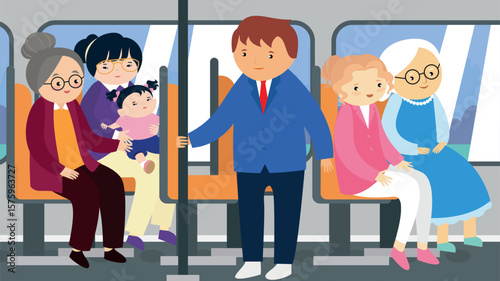 Vector illustration of an elderly couple with their children in the train.