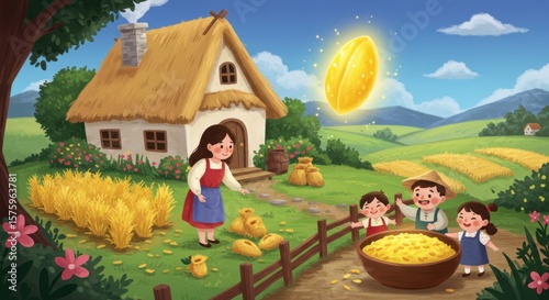 A happy family harvests a golden crop near a thatched-roof cottage.  A golden coin appears in the sky