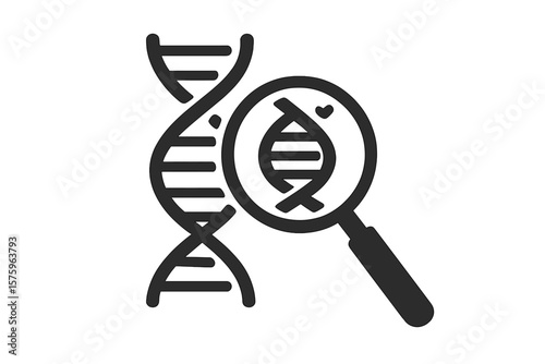 DNA analysis icon. Genetic testing concept for ancestry, genealogy, or paternity. Chromosome and gene research symbol. Magnifying glass over DNA helix. Science vector logo.