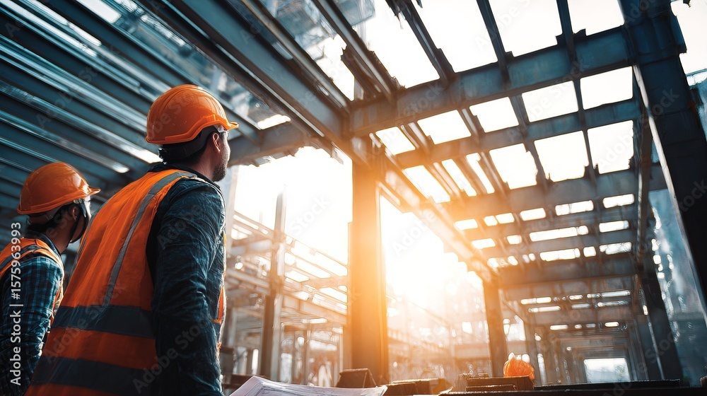 Fototapeta premium Engineers supervising construction project automation robots assembling steel beams