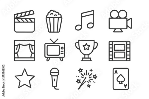 Entertainment line icon set. Cinema, movie, music symbols. Film clapperboard, popcorn, camera, microphone, theater stage. TV, award trophy, star, fireworks, playing card.