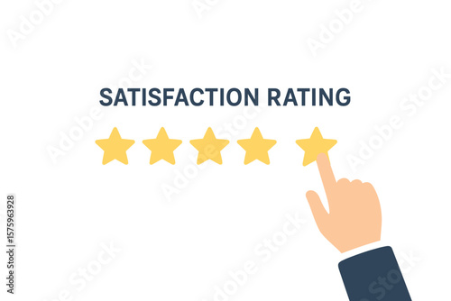 Five star rating vector. Customer satisfaction and positive review concept. Hand pointing at fifth star for best quality evaluation. Online feedback and business reputation.