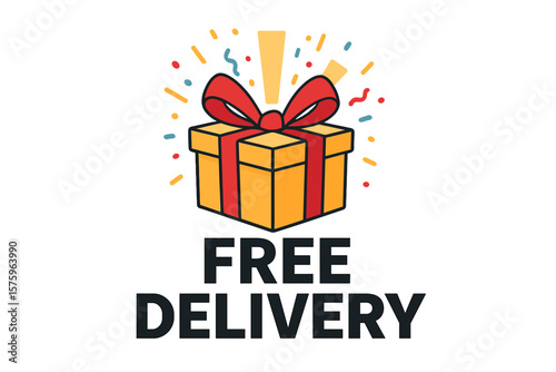 Free delivery banner. Gift concept for promotion. Surprise gift box with ribbon. E-commerce shipping offer. Online store bonus. Present icon for customer loyalty prize.