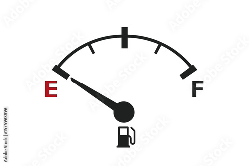 Fuel gauge with indicator on empty. Car dashboard gas meter. Concept of running on empty, low power, energy crisis, burnout, deadline, risk and exhaustion metaphor vector.