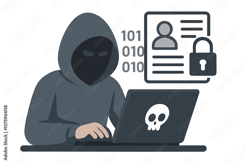 Hacker in hoodie at laptop stealing personal data. Cybercrime concept. Anonymous man hacking system security. Identity theft, phishing, malware vector. Privacy breach icon.