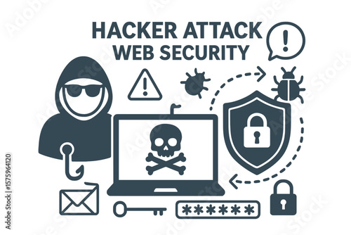 Hacker attack and web security concept. Cybersecurity crime and internet privacy. Phishing, malware, virus protection. Data safety technology. Password and network defense icon.
