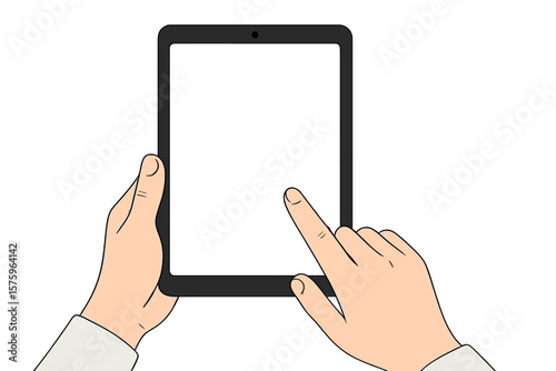 Realistic Vector Illustration of Hands Holding Tablet PC with Blank Screen, Touch Gesture, Digital Device Mockup, Human Hand Interaction, Technology Concept, Isolated White Background