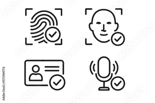 Biometric Verification Icons Set. Fingerprint Scan, Face Recognition, ID Card, Voice Authentication. Identity Confirmation. Line Style. Security Access. Web, Mobile App, Digital Identity