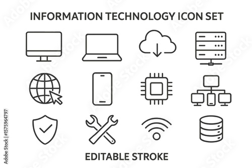 Information Technology Icon Set. Computer, Laptop, Cloud, Server, Globe, Smartphone, Microchip, Network, Security, Tools, WiFi, Database. Editable Stroke Vector Illustration