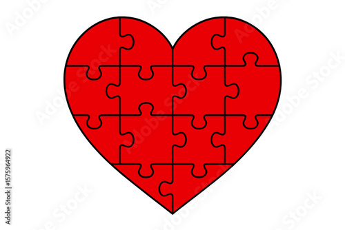 Heart Shaped Jigsaw Puzzle Pieces. Red Love Symbol. Romantic Relationship Concept. Vector Illustration. Connection, Unity, Missing Piece, Togetherness, Problem Solving, Abstract Design.