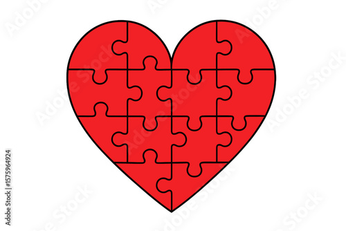 Heart Shaped Puzzle Pieces Red Jigsaw. Love Symbol. Romantic Relationship Concept. Vector Illustration. Connection, Unity, Teamwork, Problem Solving, Autism Awareness, Isolated.