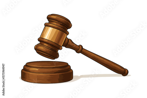 Judge’s gavel and sound block. Wooden judge hammer for court, law, justice, legal decision, courtroom, verdict, sentencing, legislation, legal system, authority, vector illustration.