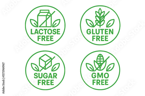 Lactose Free, Gluten Free, Sugar Free, GMO Free. Healthy Organic Natural Food Labels. Set of 4 Allergen-Free Sticker Icons for Packaging, Diet, Nutrition, Clean Eating