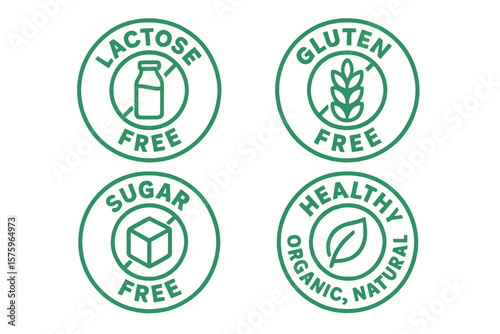 Set of 4 Healthy Food Labels. Lactose Free, Gluten Free, Sugar Free, Healthy Organic Natural. Allergen-Free Icons for Packaging, Stickers for Clean Eating, Diet, Wellness, Nutrition
